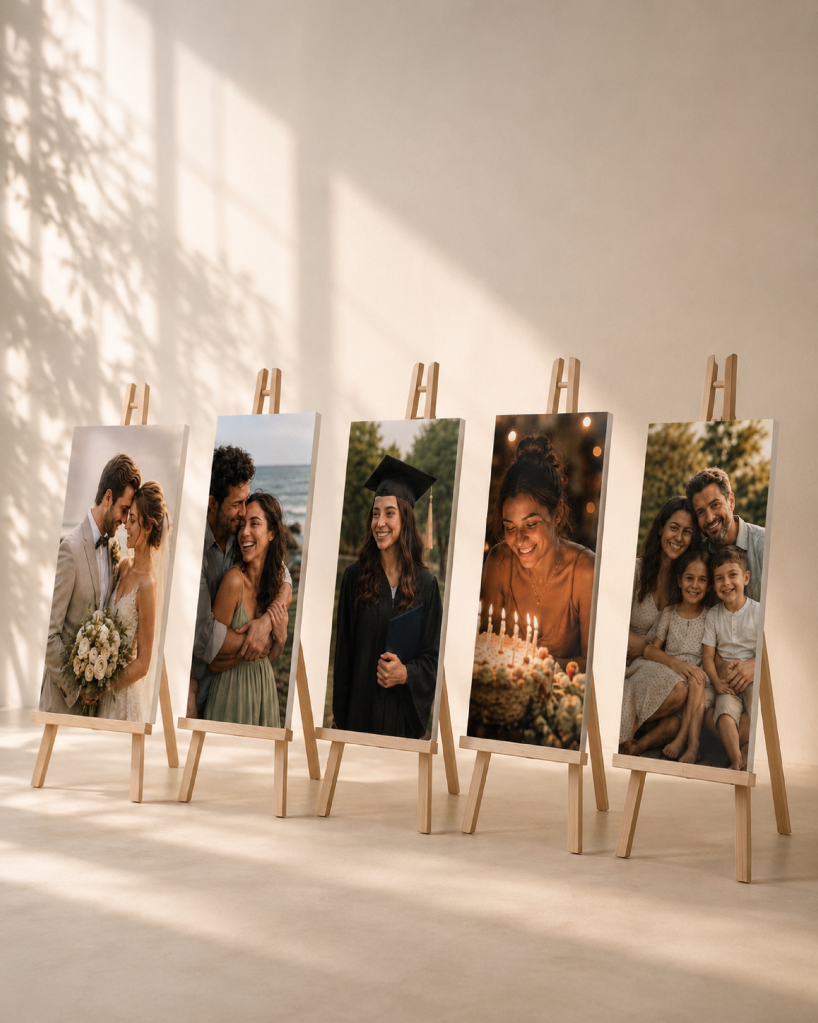 Five custom 40x60 foam-board prints on easels in a sunlit studio
